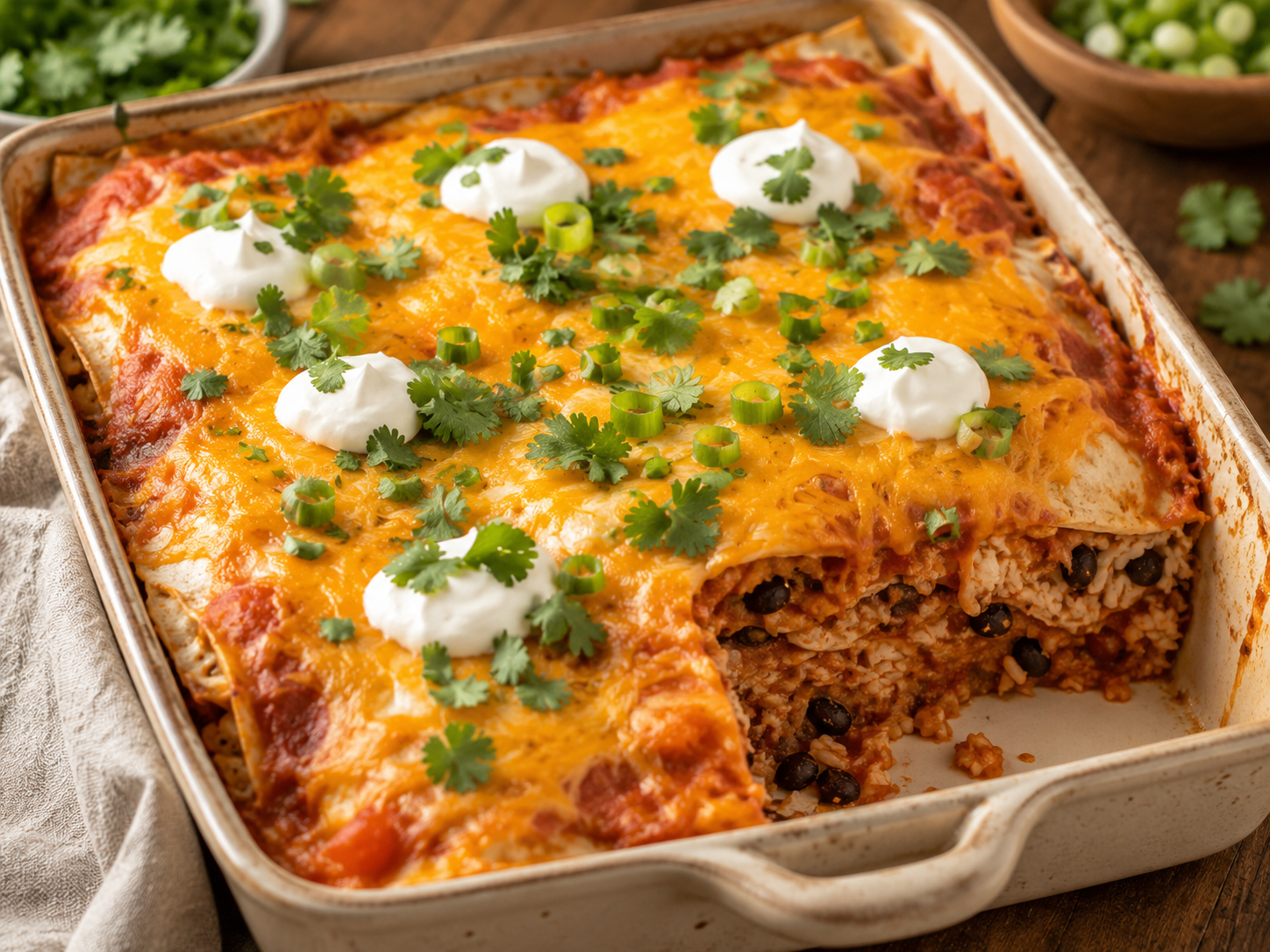 Cheesy bean and rice burrito bake in a baking dish topped with melted cheese, green onions, cilantro, and sour cream.