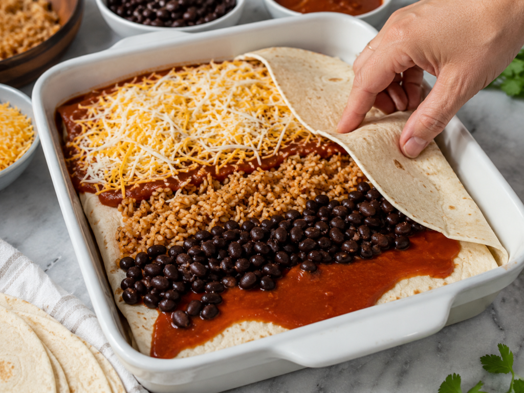Layers of tortillas, rice, beans, enchilada sauce, and shredded cheese being assembled for a burrito bake.