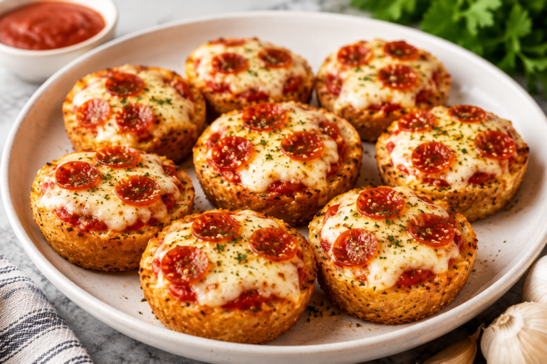 Air fryer garlic bread pizza bites with melted cheese and pepperoni on a serving plate