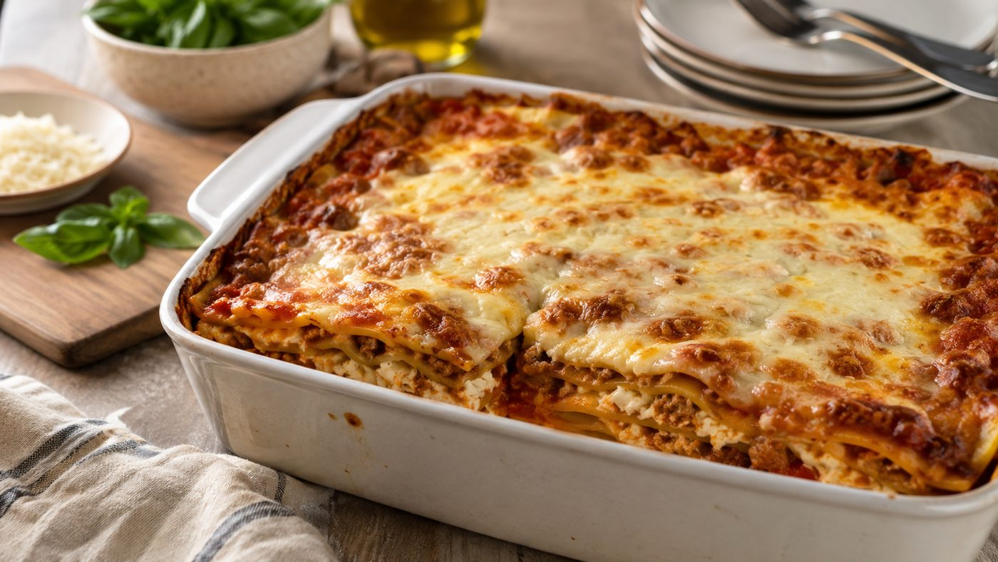 Easy homemade lasagna slice with meat sauce and ricotta layers