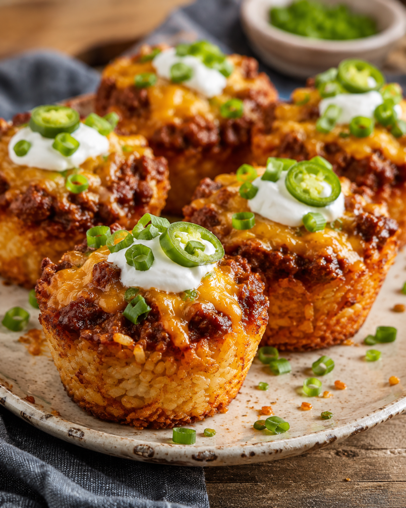 Loaded chili cheese rice cups topped with melted cheddar, sour cream, sliced jalapeños, and green onions.