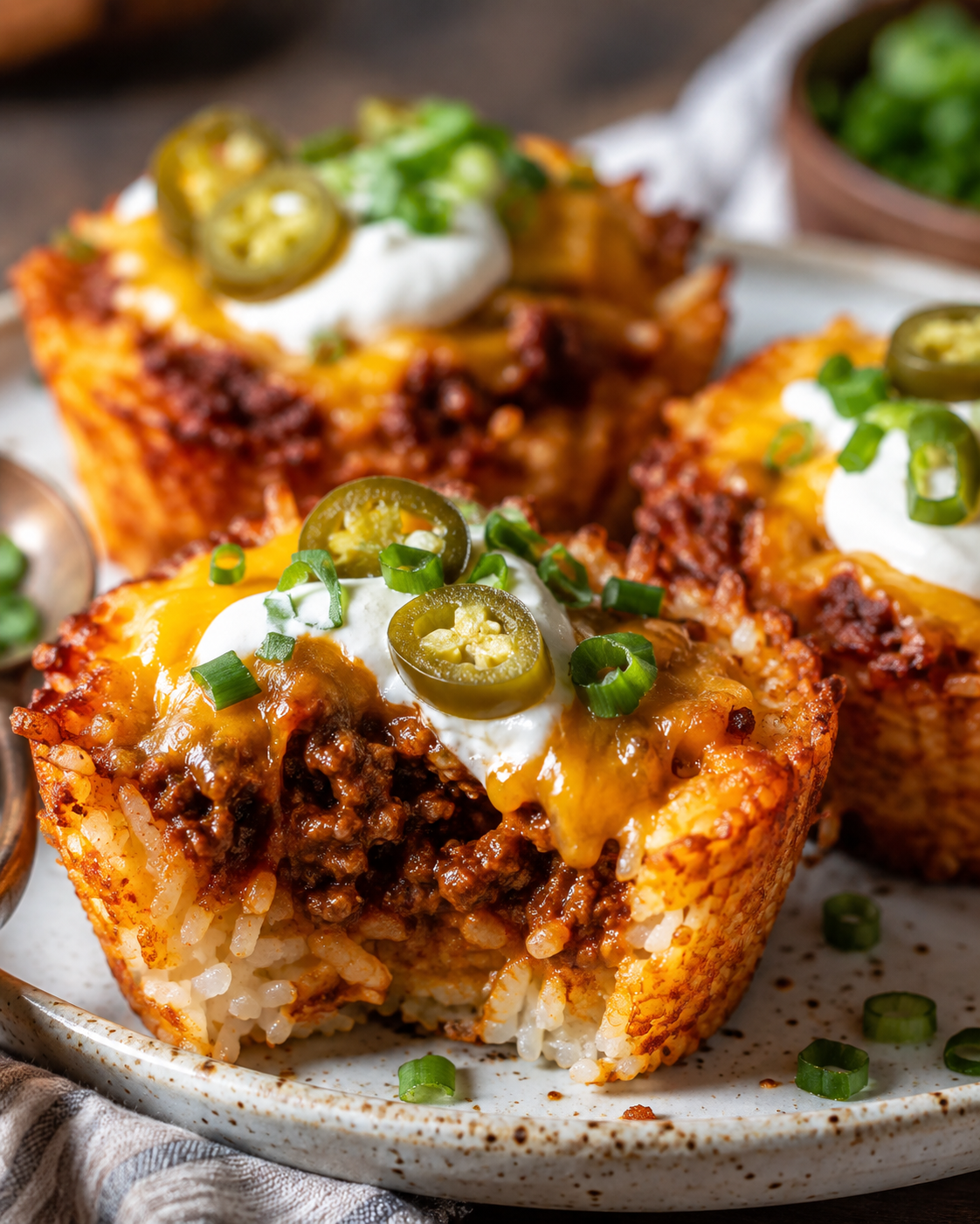 Close-up of a chili cheese rice cup opened to show seasoned rice, beef chili, melted cheese, sour cream, and jalapeƱos.