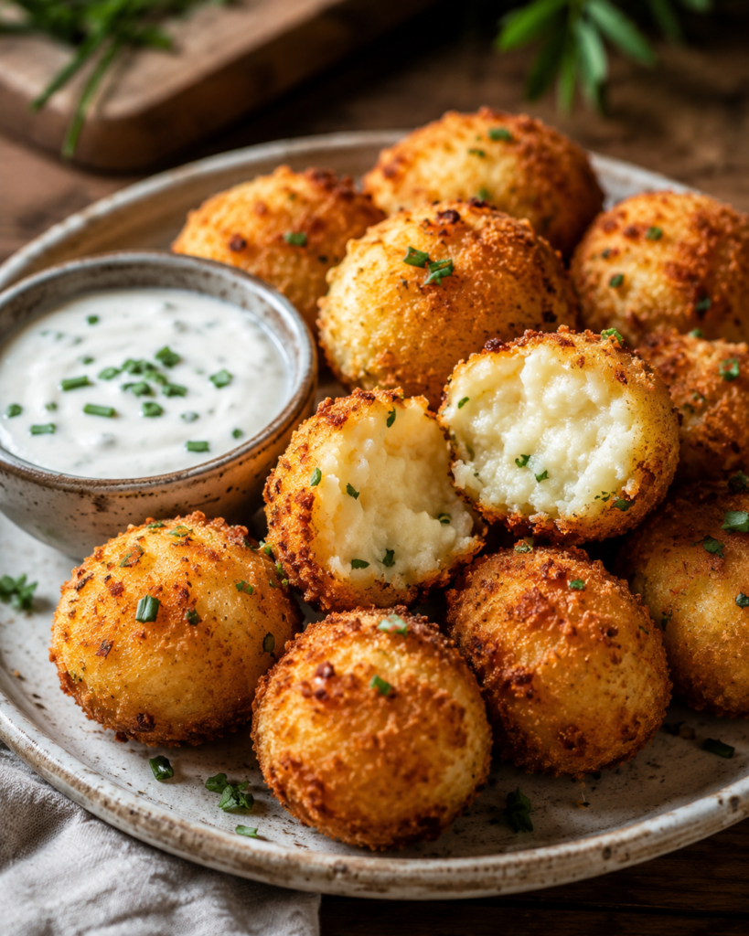 Close-up of a crispy mashed potato popper broken open to reveal its soft and fluffy center.