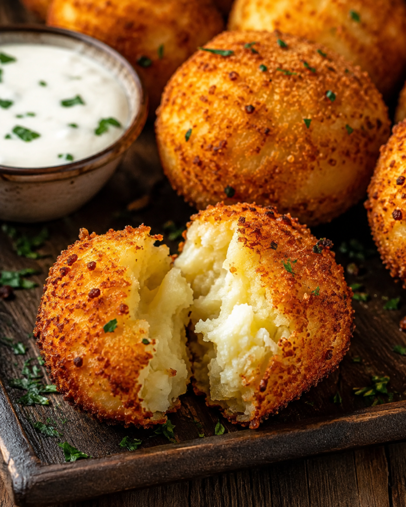 Golden air fryer mashed potato poppers served with creamy herb dipping sauce and chopped chives.