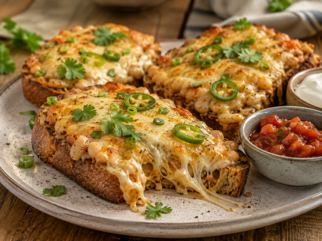 Golden Cheesy White Bean Quesadilla Toasts filled with seasoned white beans and melted cheese, sliced and served on a plate.