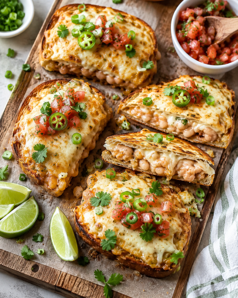 Cheesy white bean quesadilla toasts arranged on a wooden board with salsa, lime wedges, cilantro, and jalapeños.