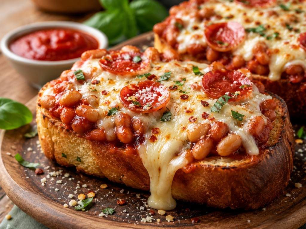Pizza beans on garlic bread topped with melted mozzarella, pepperoni, basil, parmesan, and red pepper flakes.