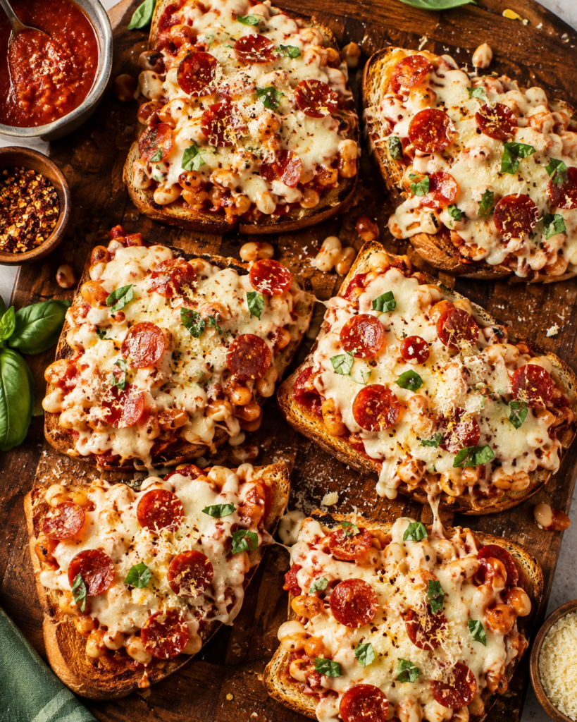 Overhead view of pizza beans on garlic bread with melted cheese, pepperoni, basil, and marinara sauce.