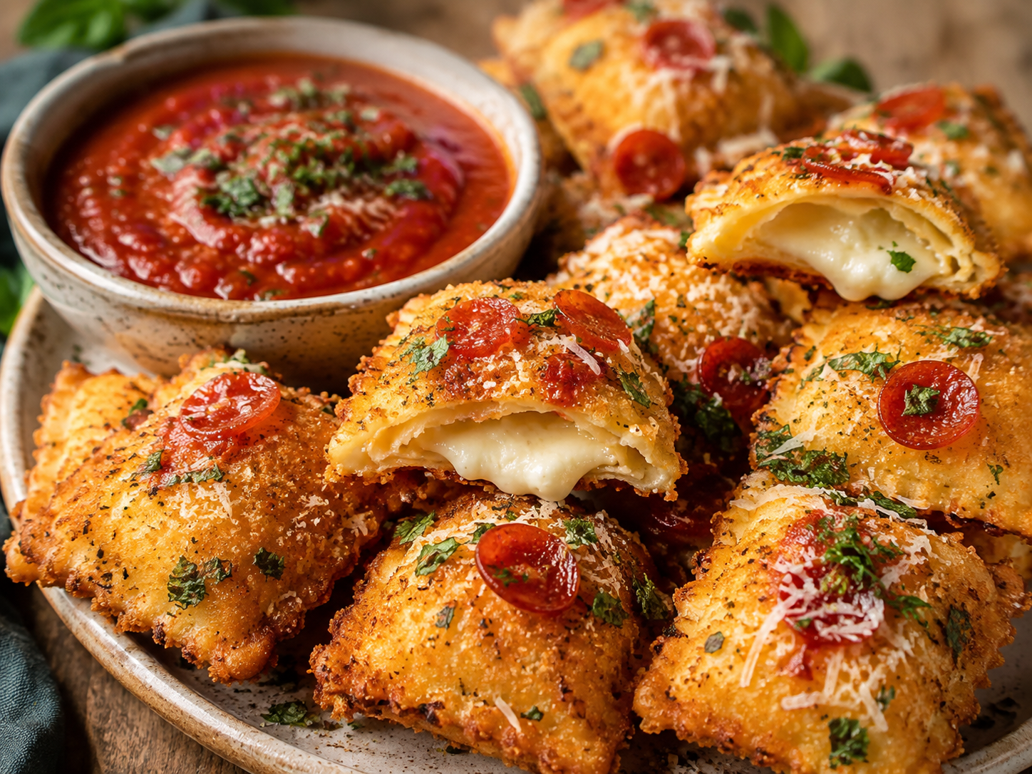 Overhead view of crispy air fryer ravioli pizza dippers arranged around a bowl of marinara sauce.