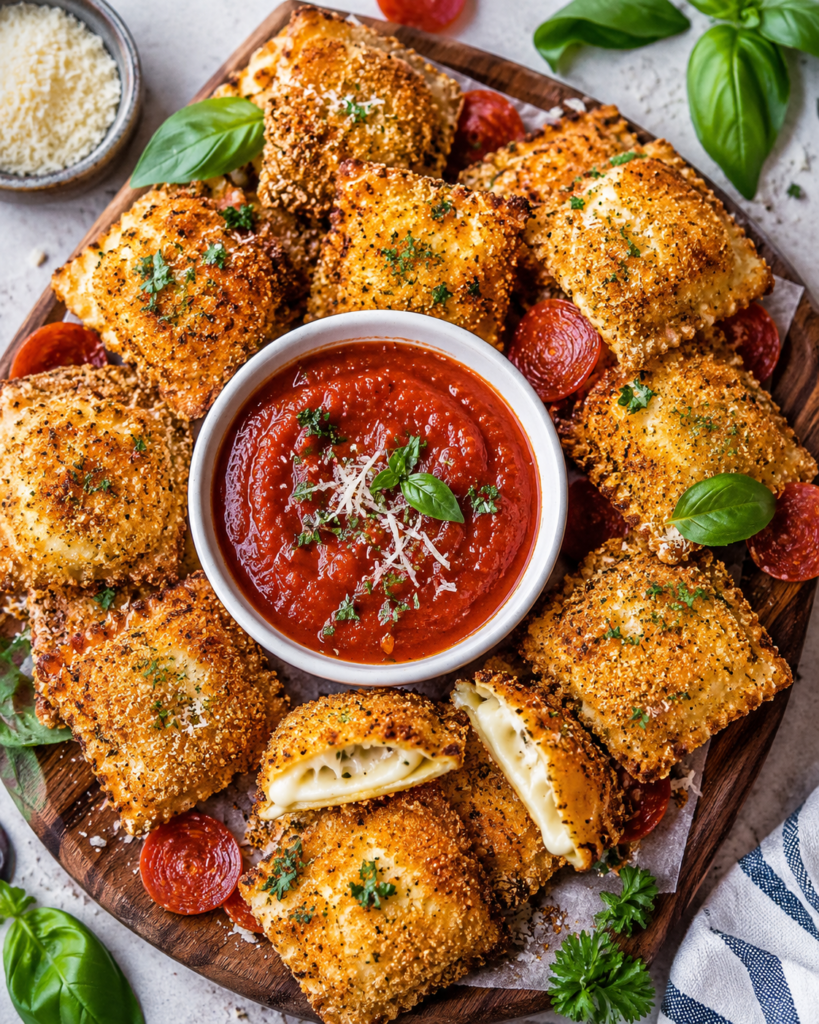 Air fryer ravioli pizza dippers with crispy breading, melted cheese, pepperoni, parmesan, and marinara sauce.