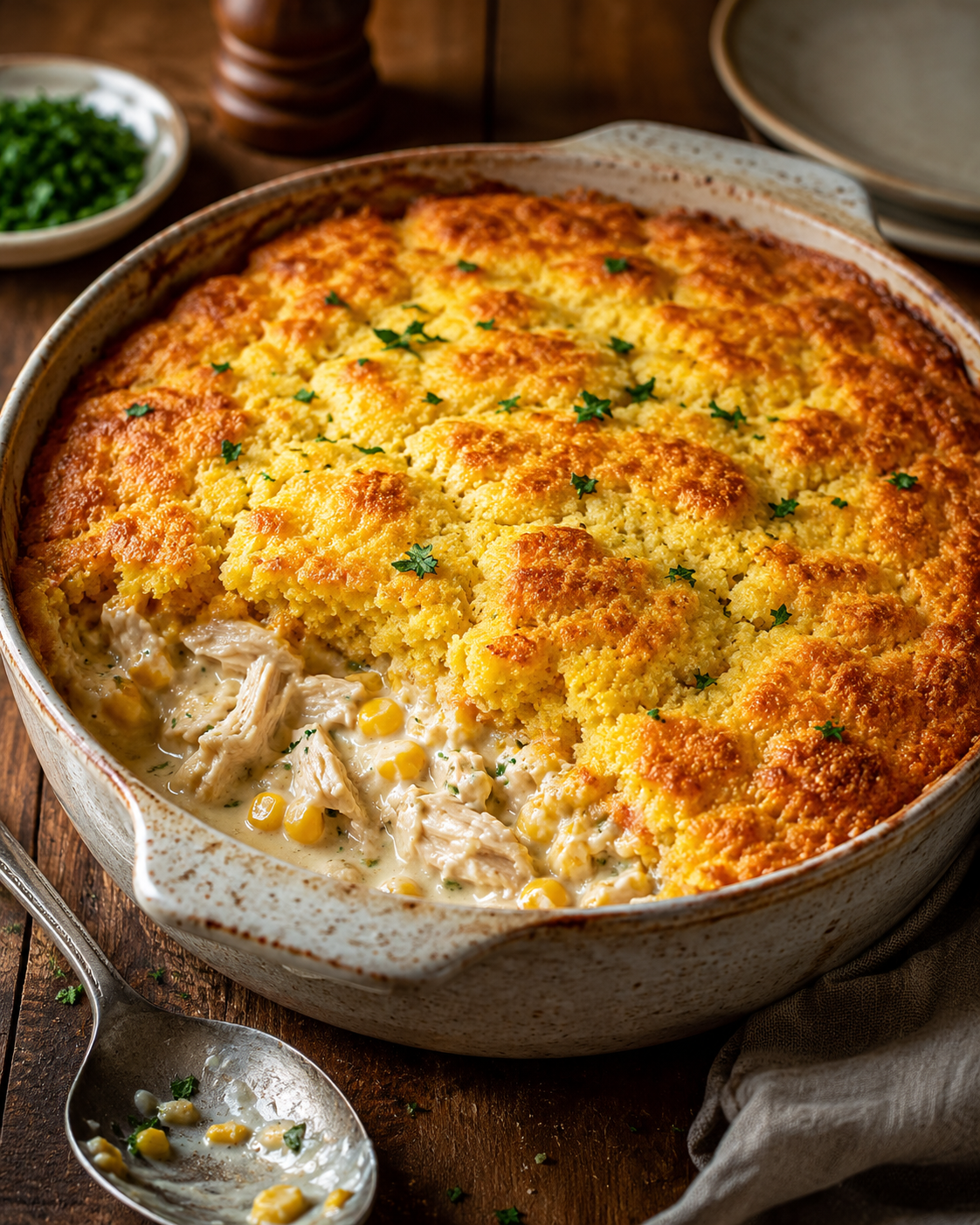Creamy cornbread chicken bake with shredded chicken, corn, and a golden cornbread topping.