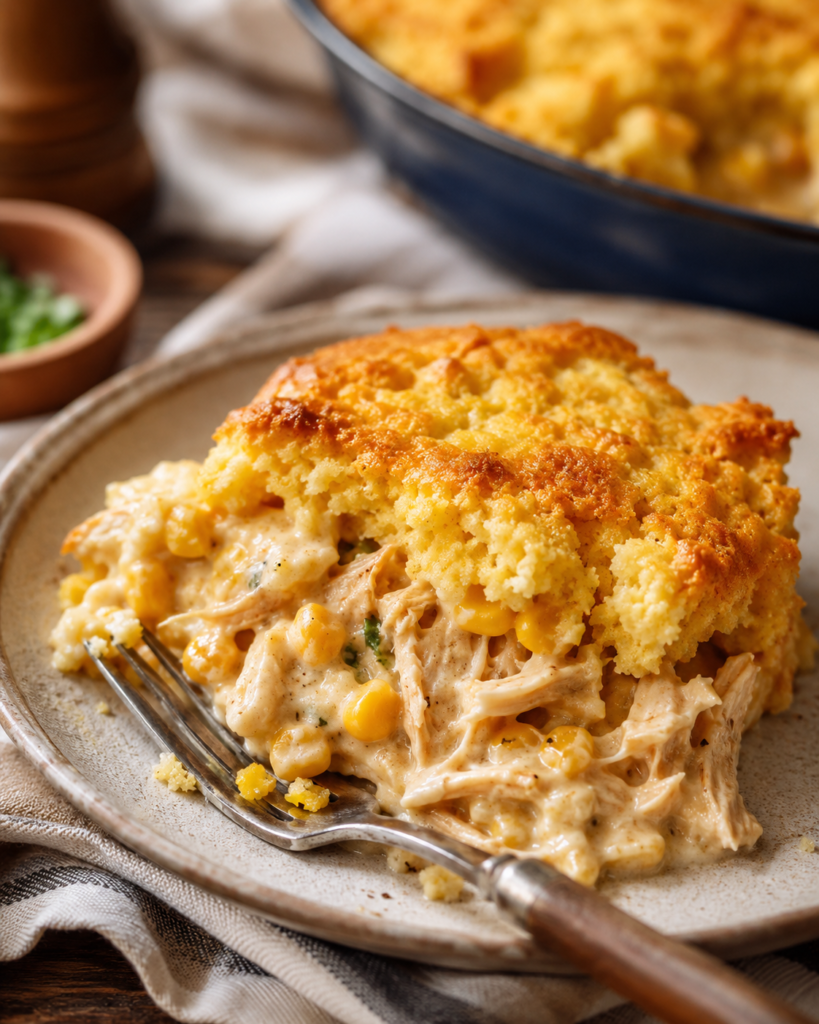 Plated serving of creamy chicken and corn casserole topped with golden cornbread.