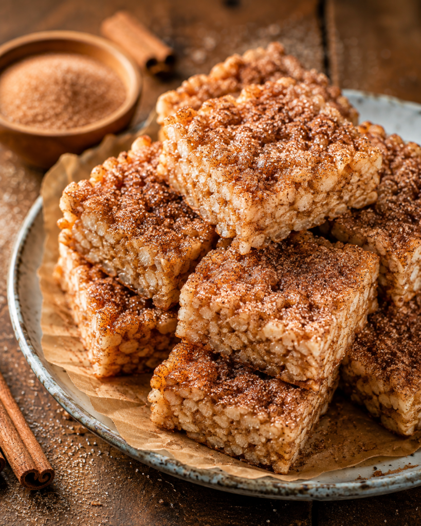 Two stacked cinnamon sugar rice cake bars showing their light, crispy rice texture.