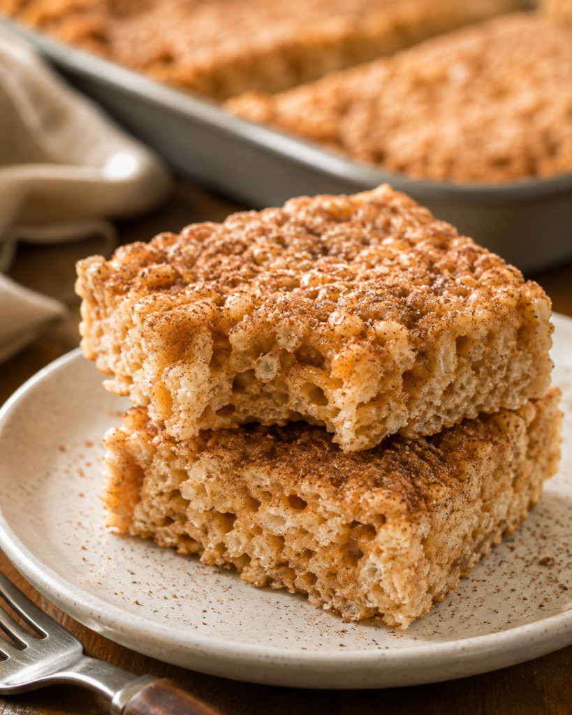 Cinnamon sugar rice cake bars stacked on a plate with cinnamon sticks and extra cinnamon sugar.