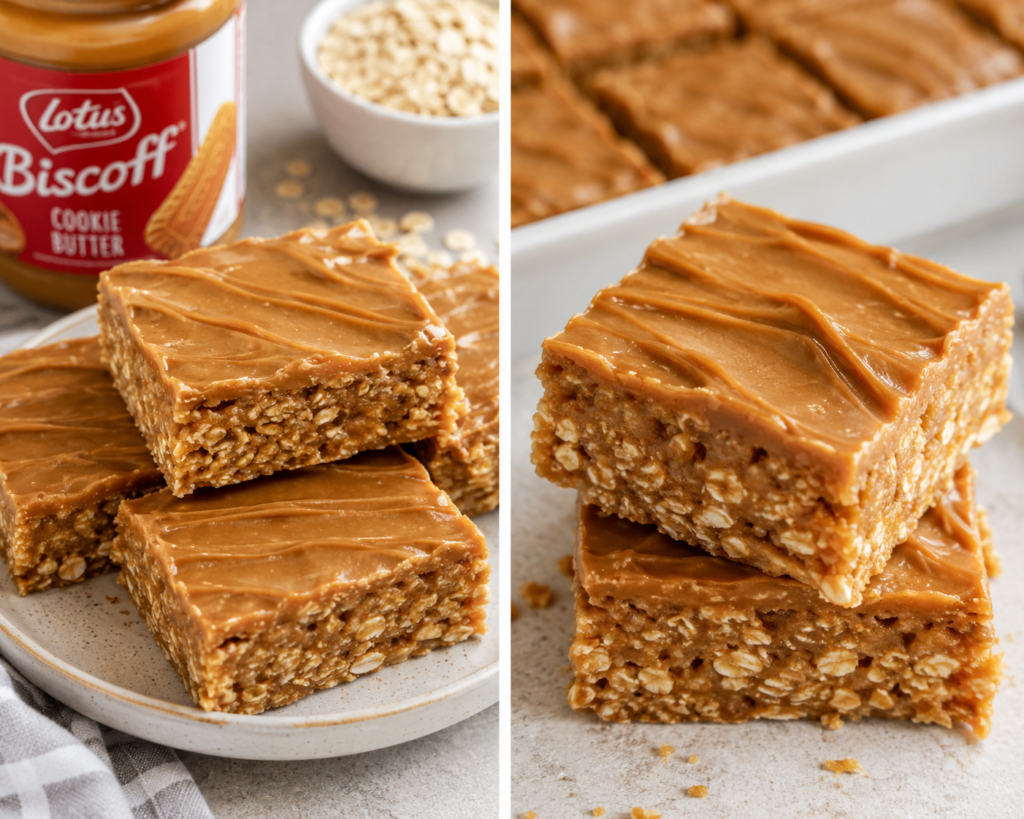 No-bake cookie butter oat bars stacked on a plate with creamy cookie butter spread and oats nearby.
