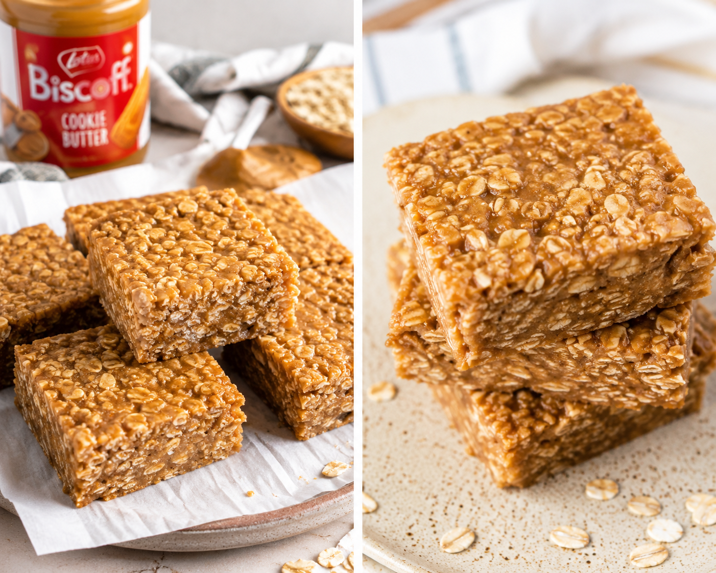 Thick no-bake oat bars made with cookie butter, stacked on a ceramic plate with scattered rolled oats.