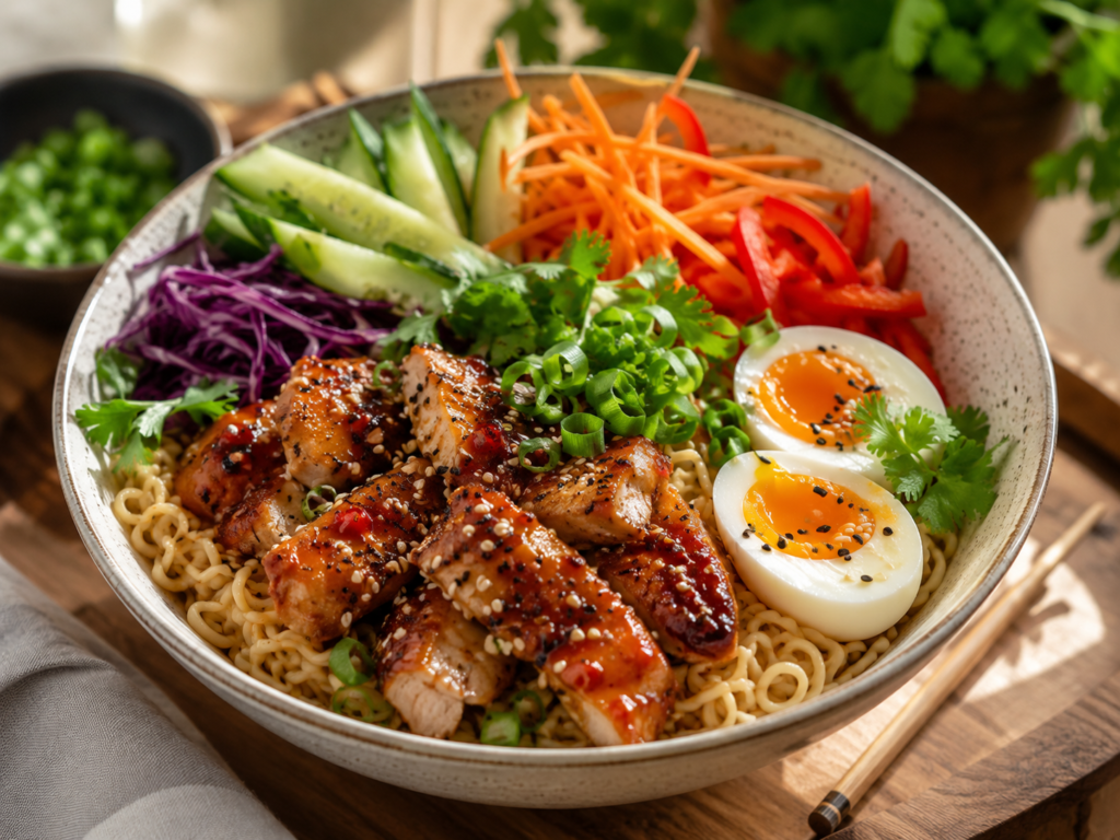 Close-up of sweet chili glazed chicken with ramen noodles, bok choy, carrots, and red bell peppers