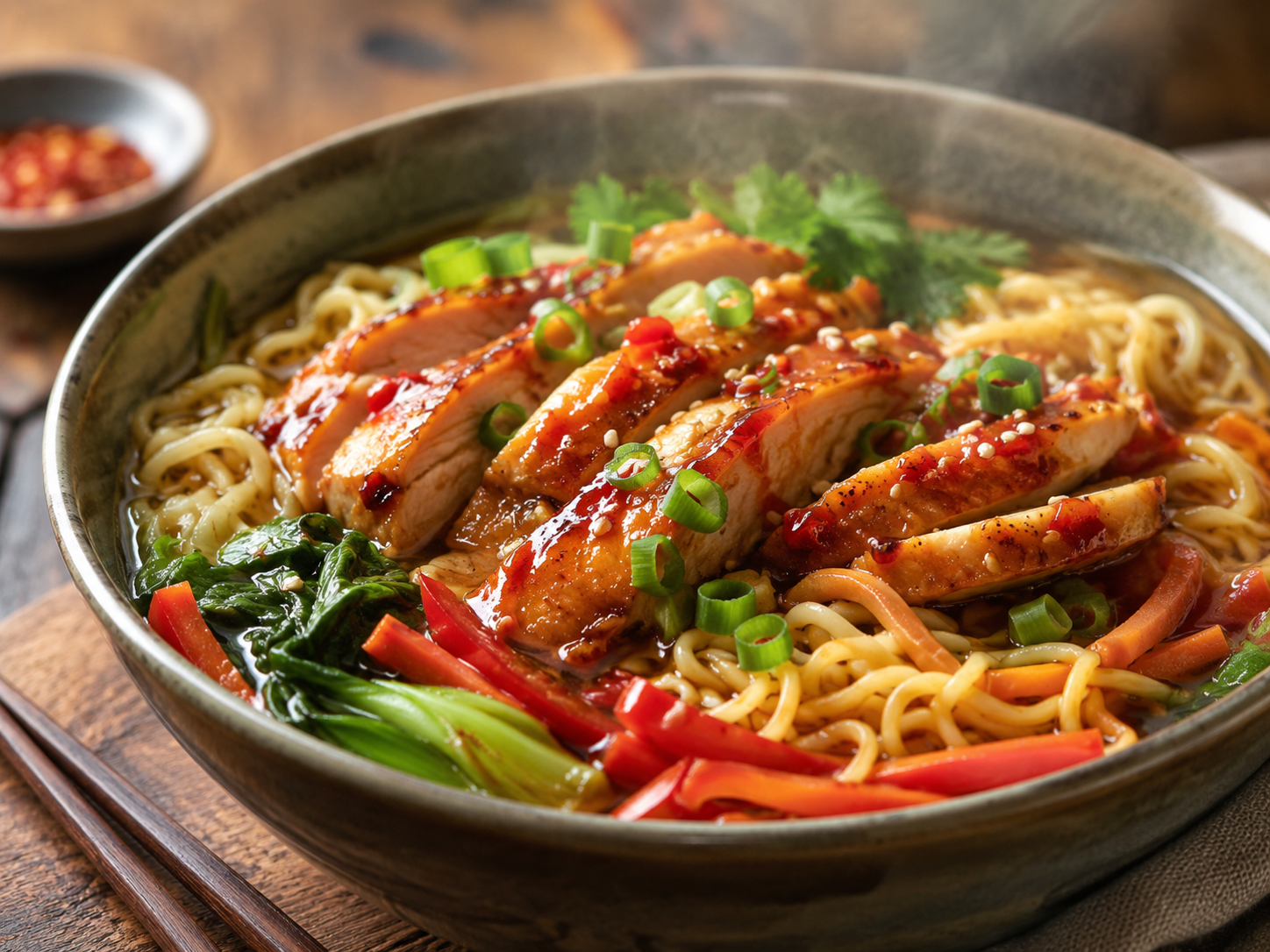 Sweet chili chicken ramen bowl with noodles, colorful vegetables, soft-boiled egg, green onions, and sesame seeds