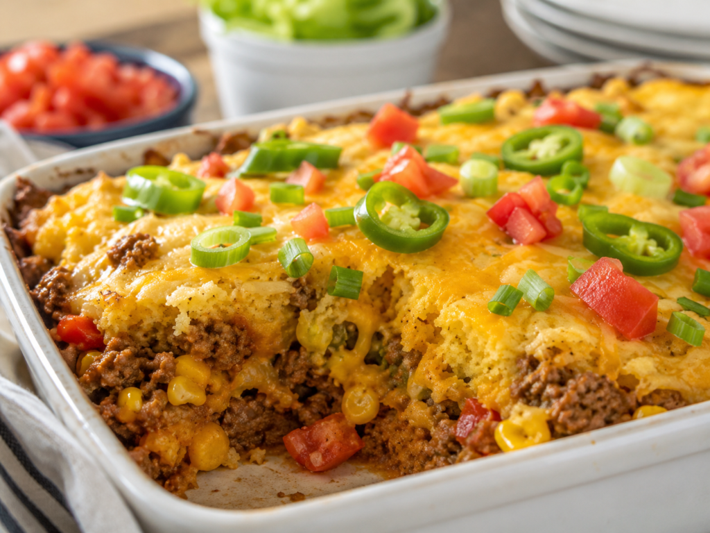 Cornbread taco casserole with seasoned ground beef, melted cheese, corn, tomatoes, jalapeños, and green onions