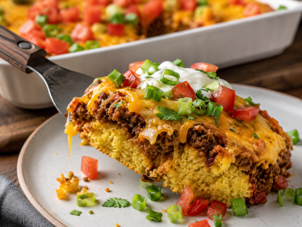Slice of cornbread taco casserole topped with sour cream, tomatoes, green onions, cilantro, and melted cheese
