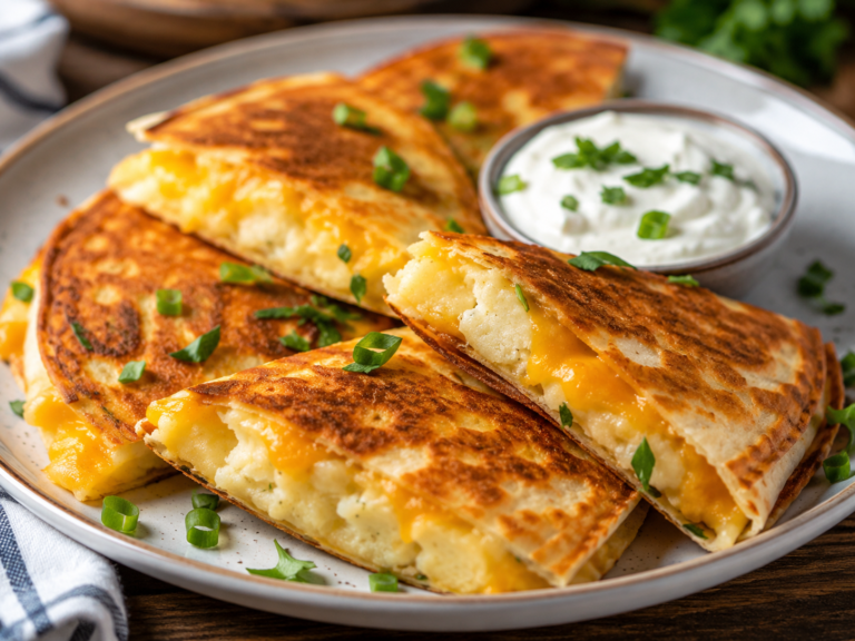 Crispy mashed potato quesadillas filled with melted cheese and served with sour cream