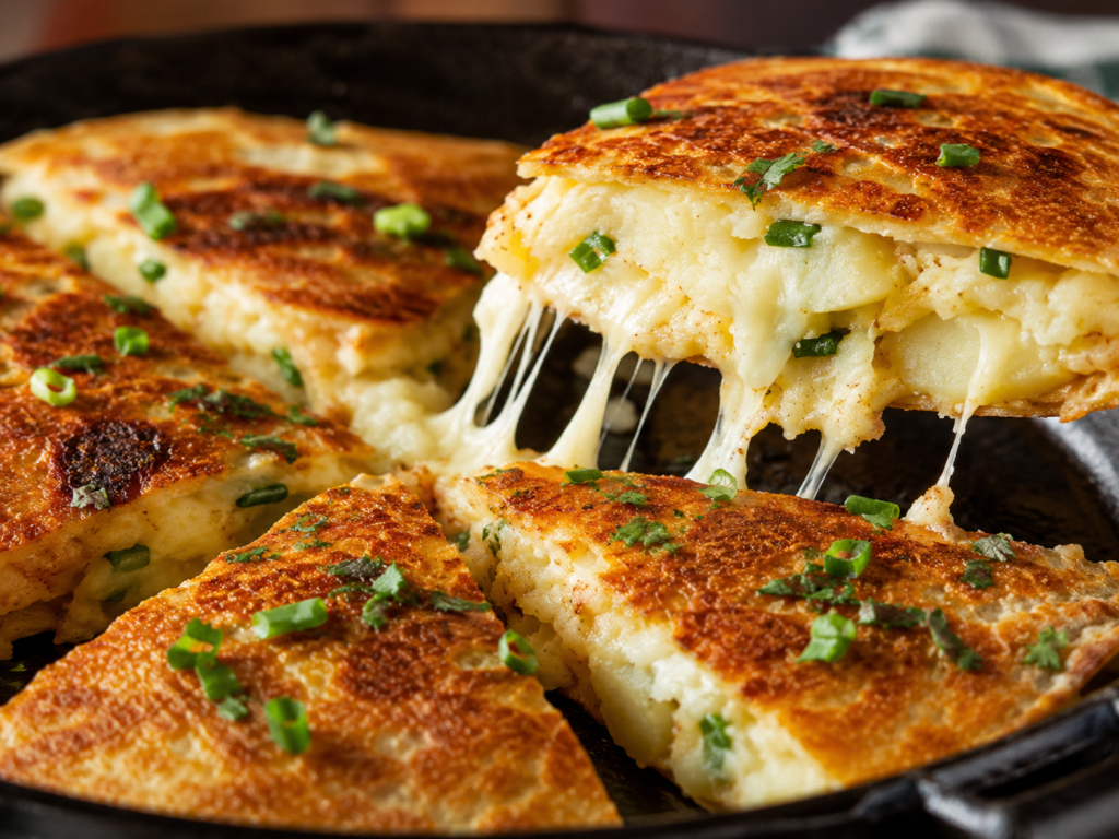 Crispy mashed potato quesadilla lifted from a skillet with melted cheese stretching between the wedges