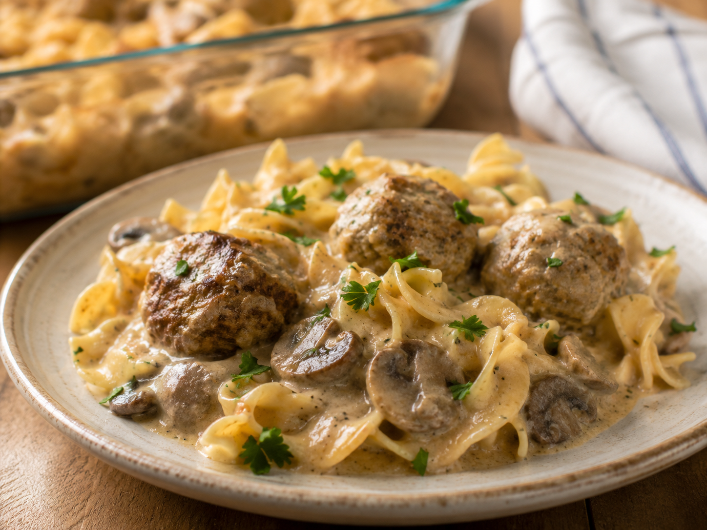 Frozen meatball stroganoff bake with egg noodles, mushrooms, creamy sauce, and parsley in a casserole dish