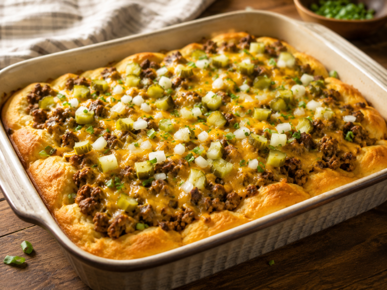 Biscuit crust cheeseburger bake with ground beef, melted cheddar, pickles, onions, and golden biscuit edges