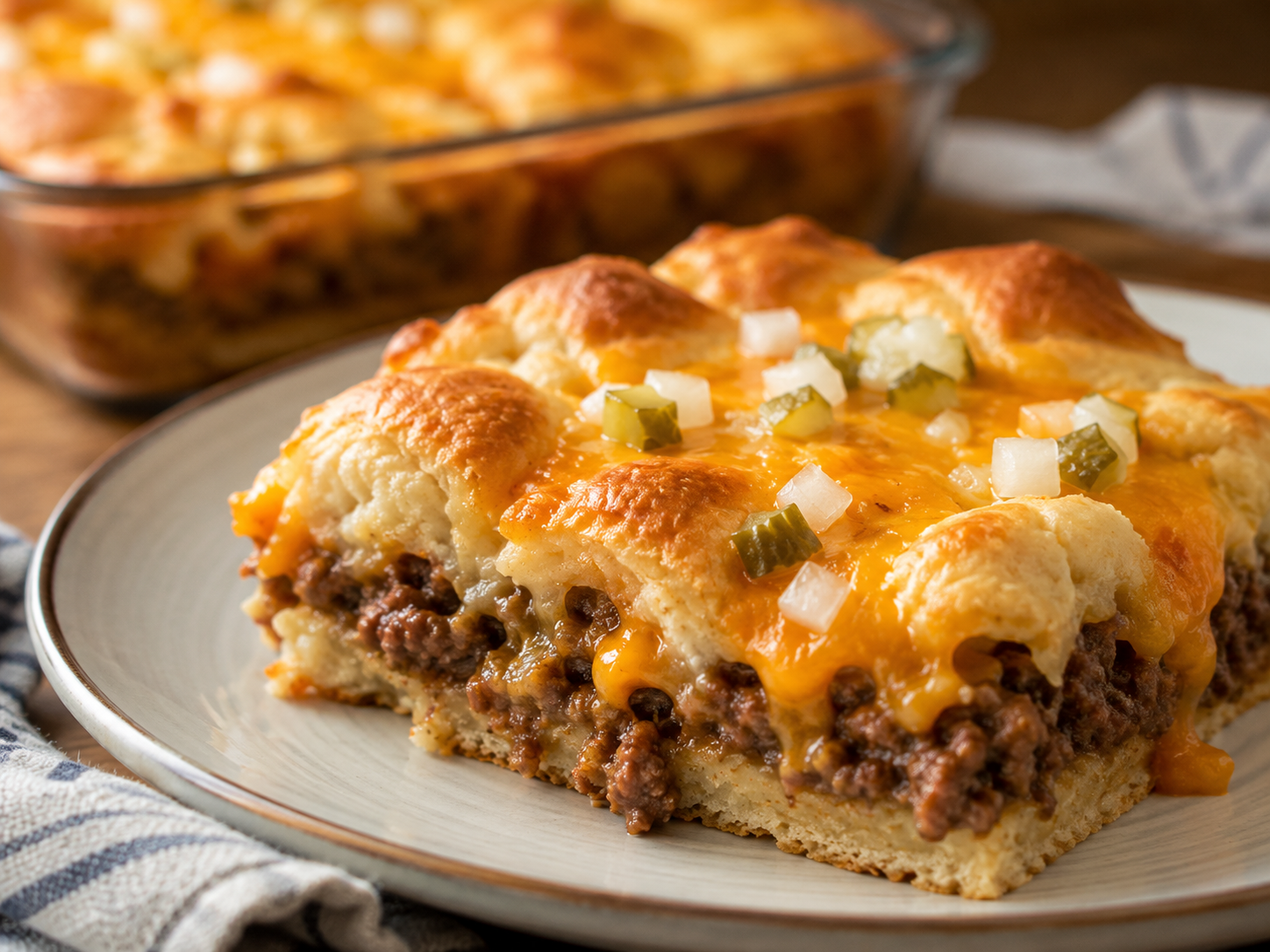 Slice of biscuit crust cheeseburger bake with ground beef, melted cheddar, pickles, and onions on a plate