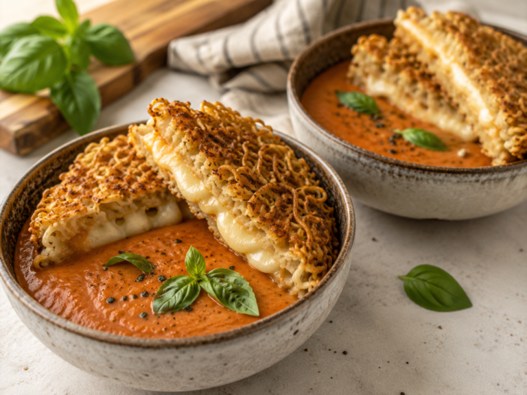 Ramen grilled cheese sandwiches served in bowls of creamy tomato soup with fresh basil