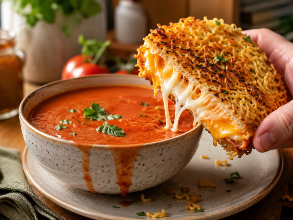 Crispy ramen grilled cheese sandwich with melted cheese held beside a bowl of tomato soup