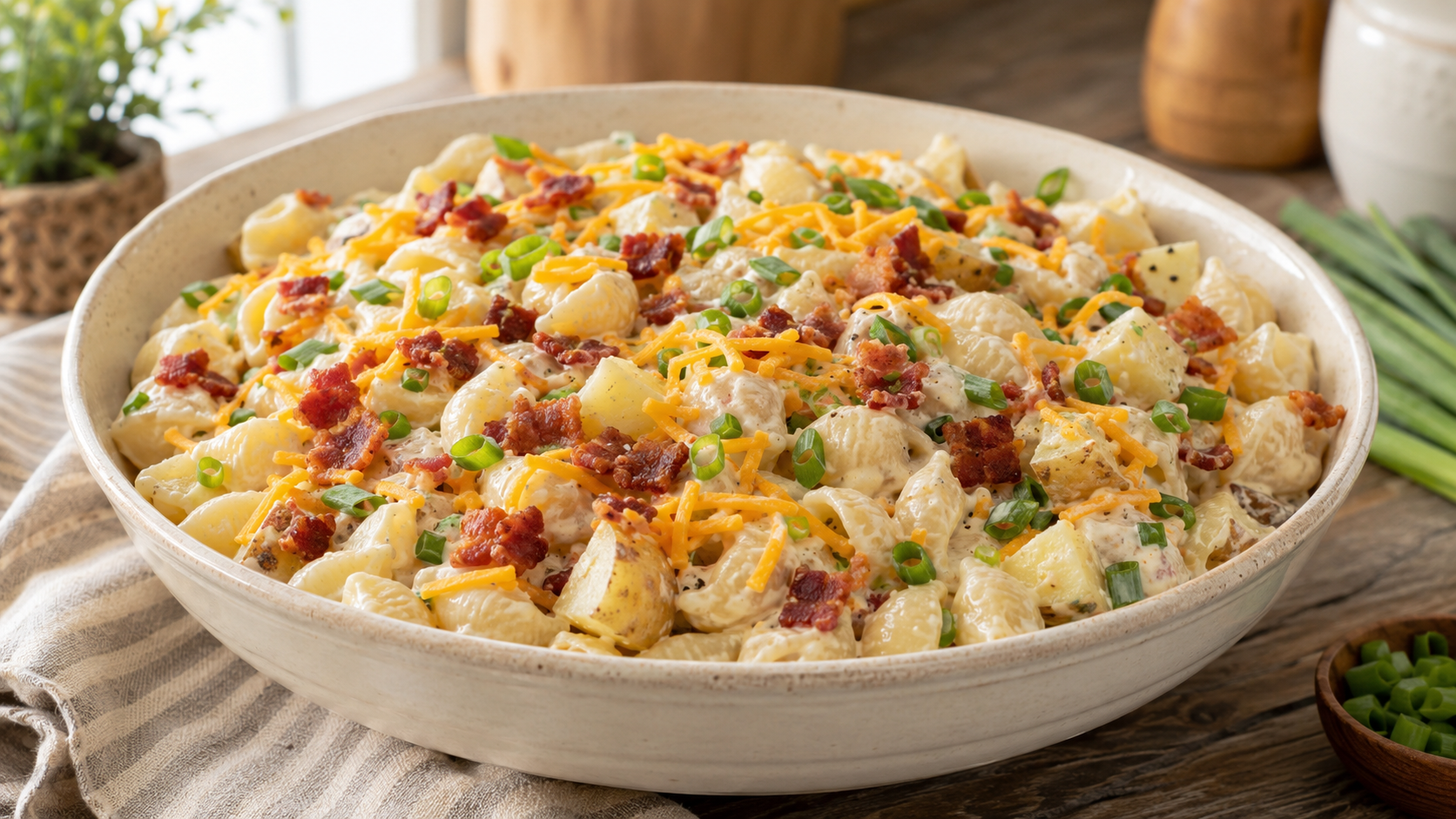 Loaded baked potato pasta salad with shell pasta, potato chunks, bacon, cheddar cheese, and green onions.
