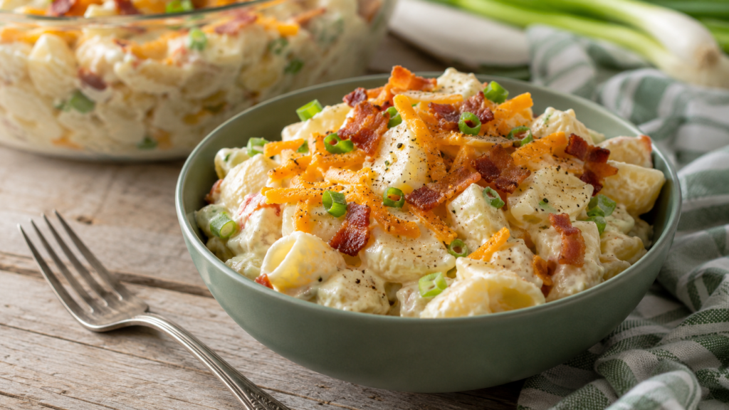Bowl of creamy loaded baked potato pasta salad topped with bacon, cheddar cheese, and sliced green onions.