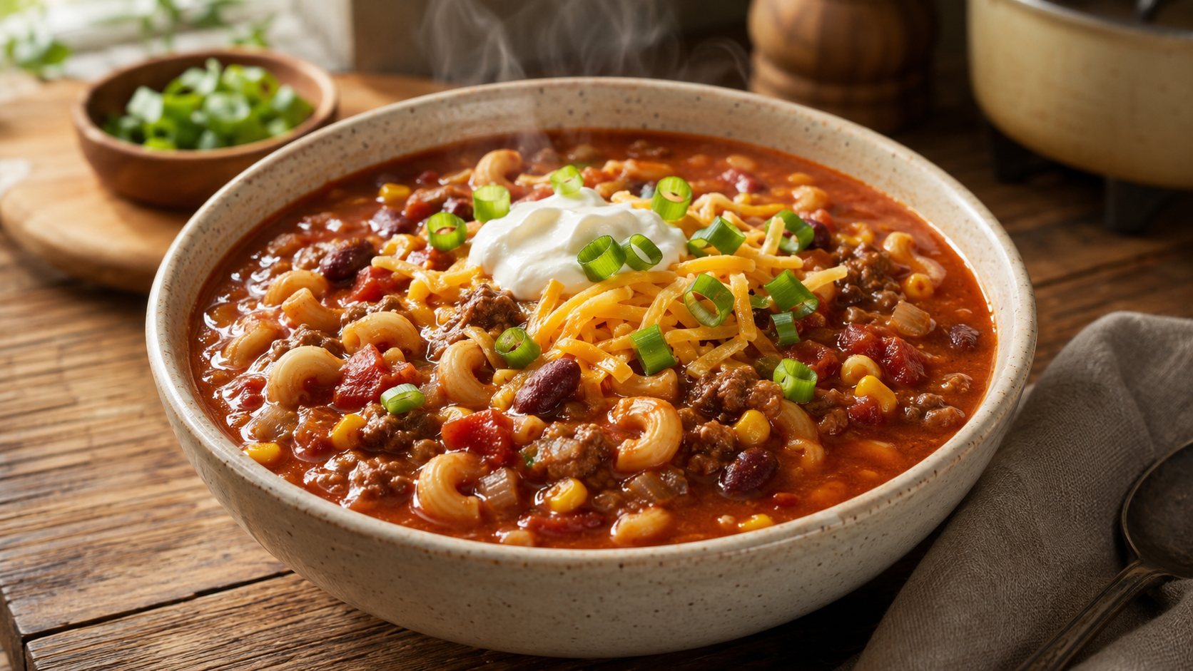 Bowl of pantry chili mac soup with ground beef, beans, tomatoes, macaroni, and cheddar cheese topping.