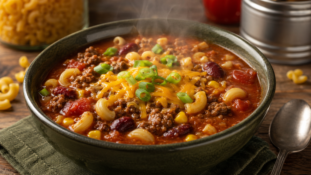 Steaming bowl of chili mac soup with macaroni, ground beef, beans, tomatoes, corn, melted cheddar, and green onions.