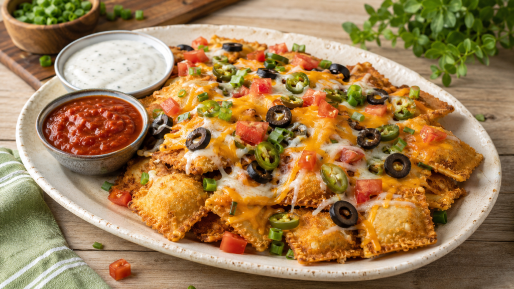 Breaded ravioli nachos with melted mozzarella, pepperoni, tomatoes, jalapeños, olives, and marinara sauce.