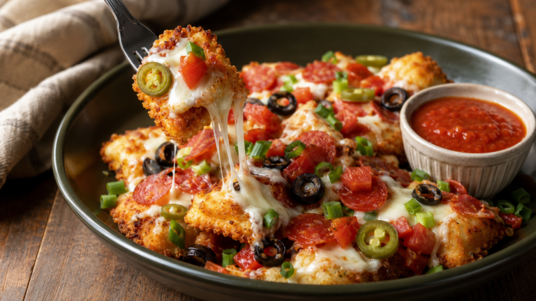 Crispy air fryer ravioli nachos topped with melted cheese, tomatoes, jalapeños, black olives, and green onions.