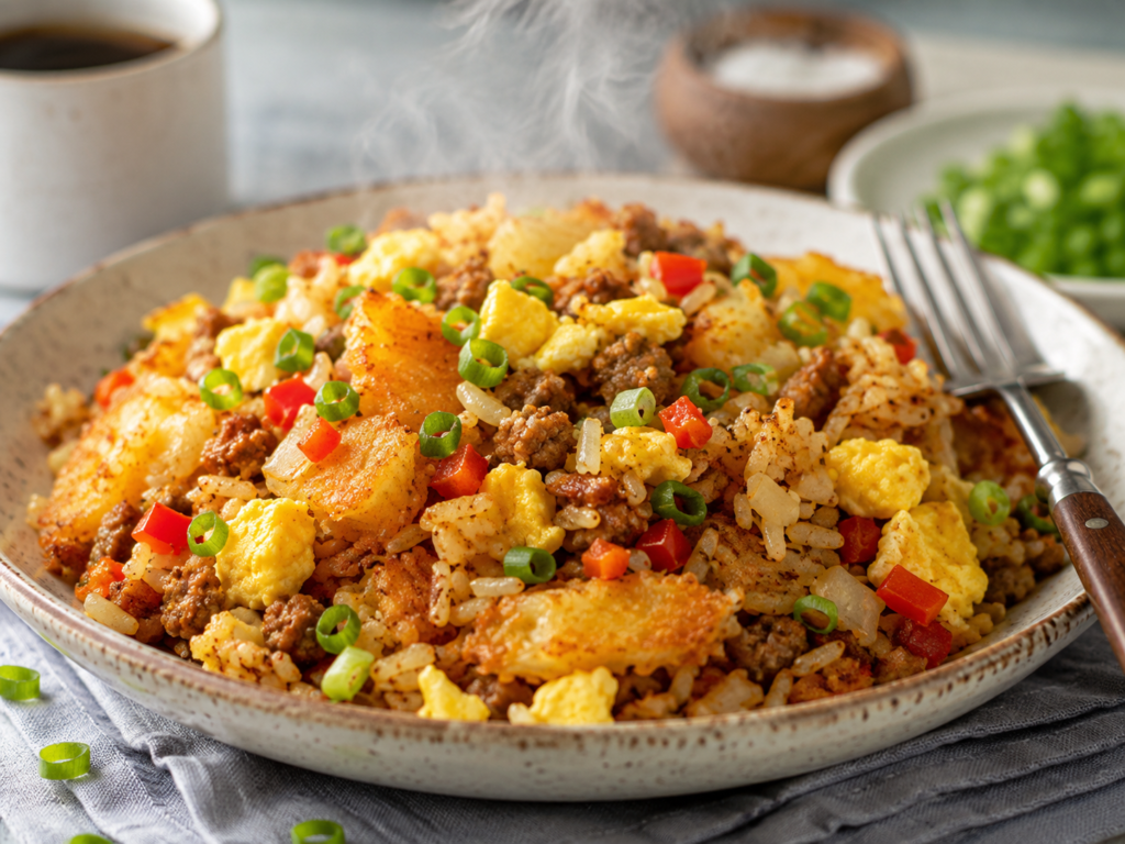Breakfast fried rice with crispy hash browns, scrambled eggs, bacon, vegetables, rice, and sliced green onions in a skillet.