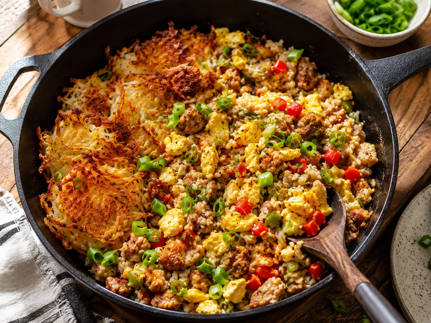 Easy dinner prep scene with chicken, rice, roasted vegetables, herbs, olive oil, and a skillet in a warm home kitchen.