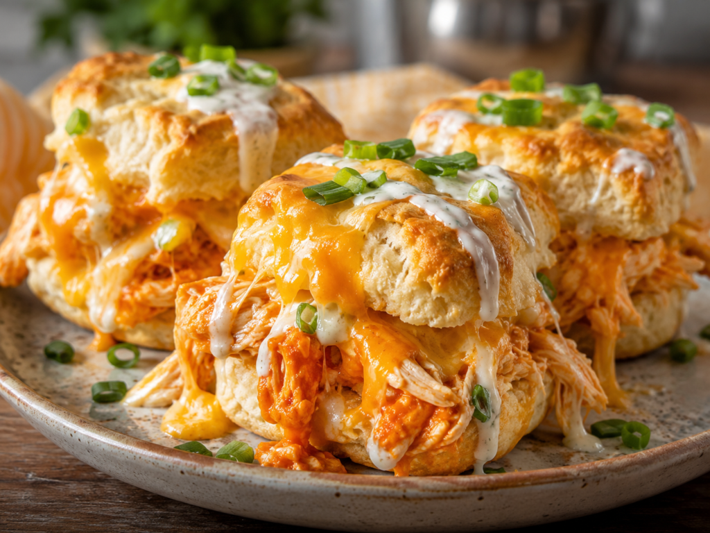 Golden biscuits filled with buffalo chicken, melted cheese, ranch drizzle, and chopped green onions.