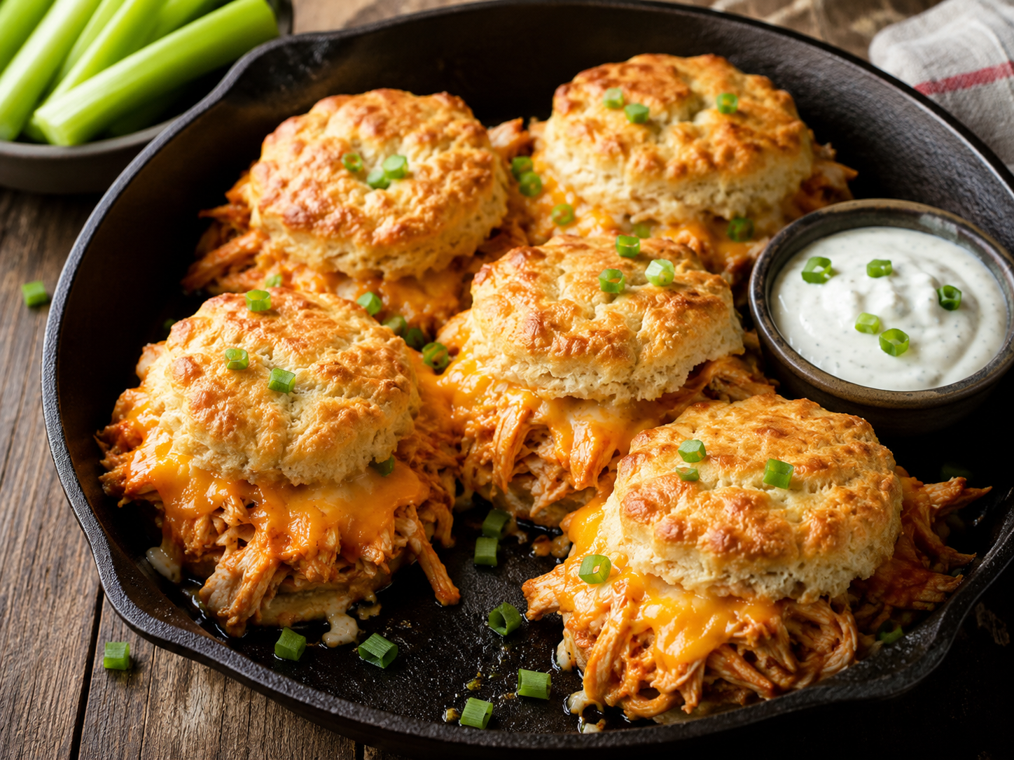 Buffalo chicken biscuit melts with melted cheddar, green onions, ranch dip, and celery in a cast-iron skillet.