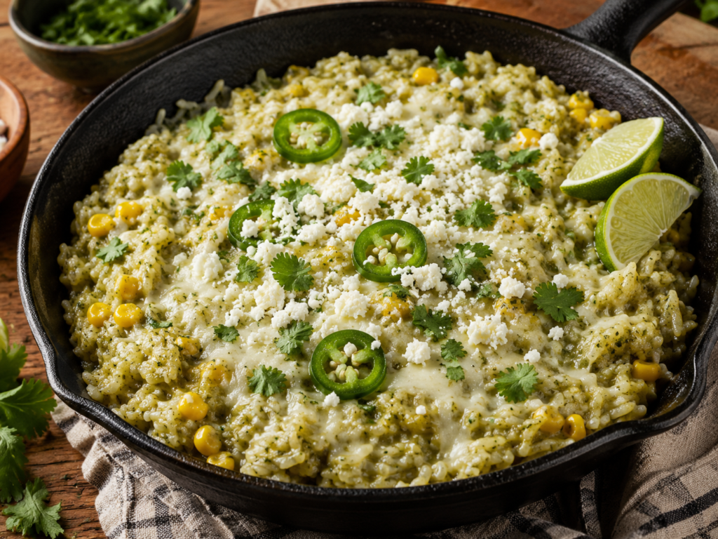 Creamy salsa verde rice skillet topped with melted cheese, corn, cilantro, jalapeño slices, queso fresco, and lime wedges.
