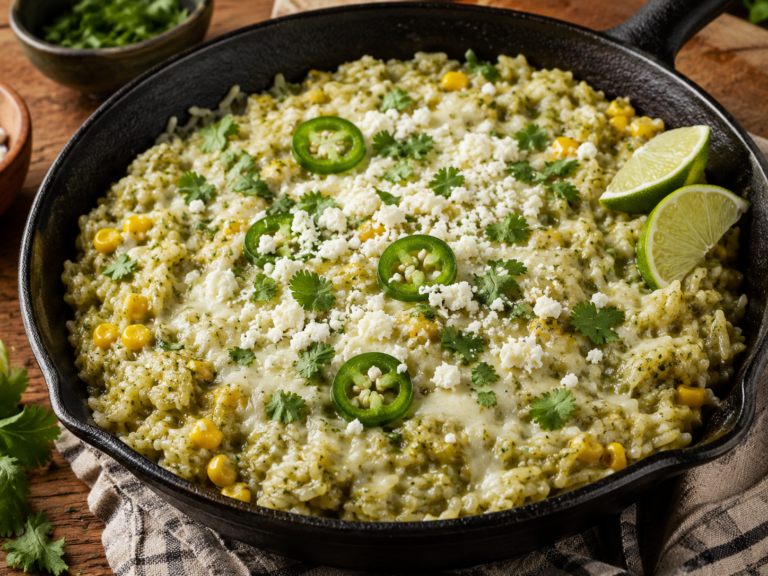 Creamy salsa verde rice skillet topped with melted cheese, corn, cilantro, jalapeño slices, queso fresco, and lime wedges.