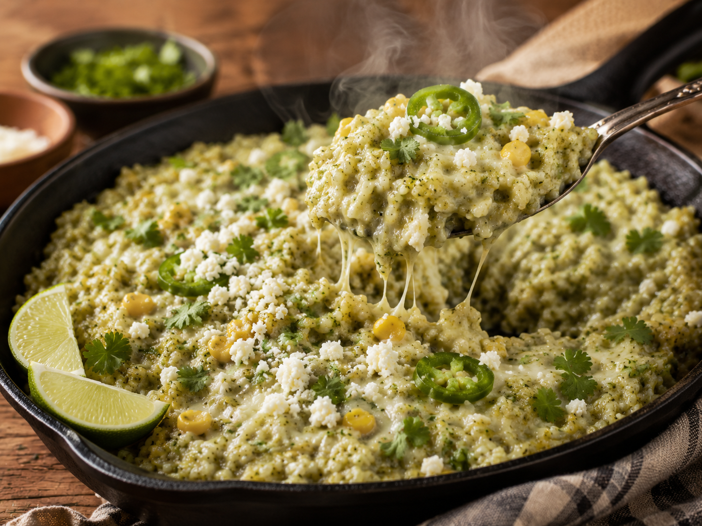 Spoon lifting creamy salsa verde rice with melted cheese, corn, cilantro, jalapeño, and queso fresco from a skillet.
