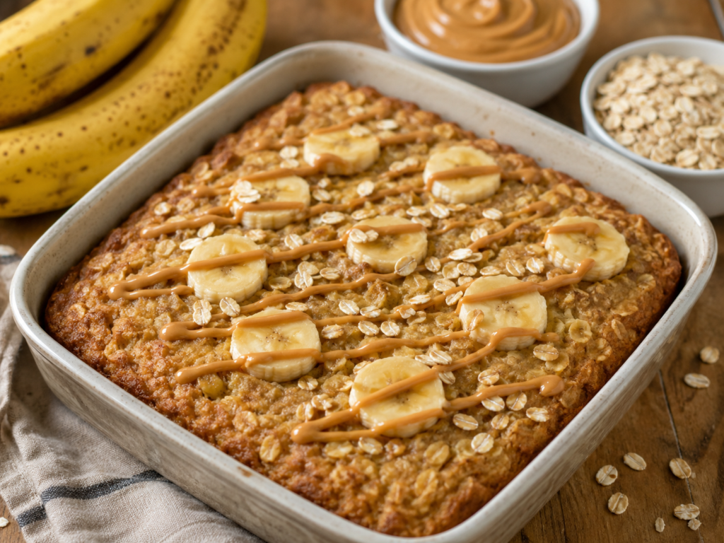 Square slice of peanut butter banana oat snack cake showing the soft oat-filled center with banana slices and peanut butter drizzle.