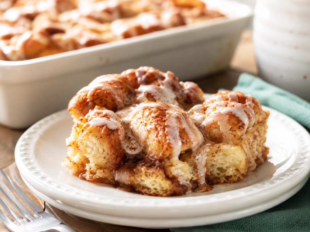 Cinnamon roll French toast bake made with canned biscuits, topped with vanilla icing and served from a white casserole dish.