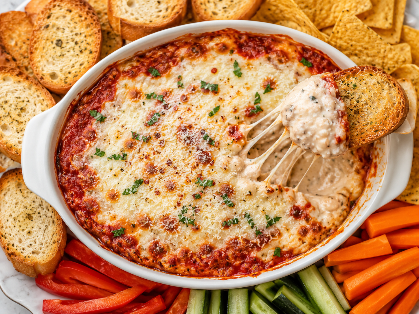 A scoop of Cheesy White Bean Pizza Dip lifted onto toasted bread, showing creamy filling and melted cheese, surrounded by crostini, chips, and fresh vegetables.