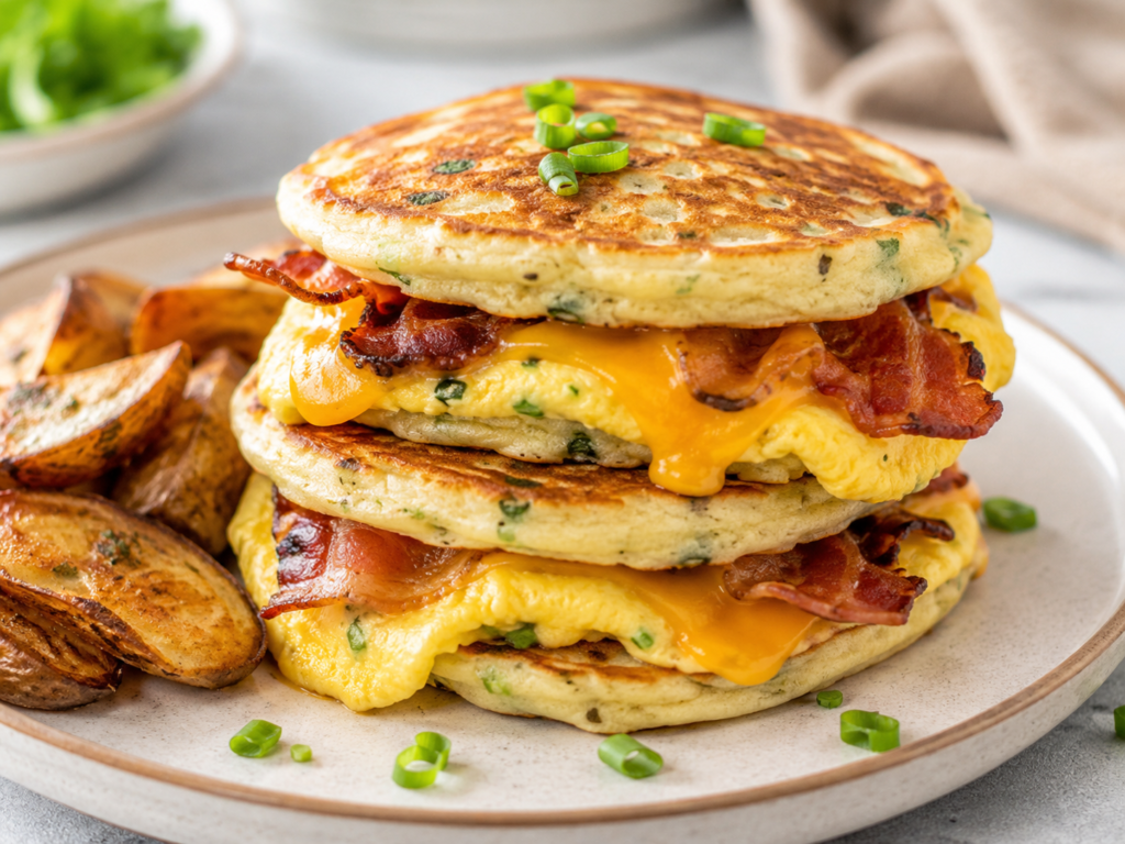 Savory pancake sandwich halves filled with sausage, egg, spinach, and melted cheese on a rustic plate.