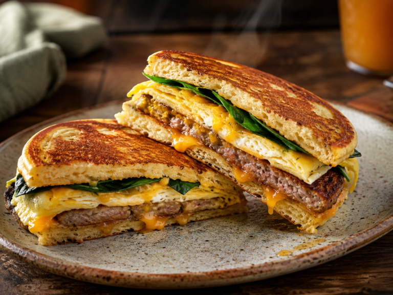 Savory pancake sandwiches layered with bacon, eggs, melted cheddar cheese, and green onions beside roasted potatoes.