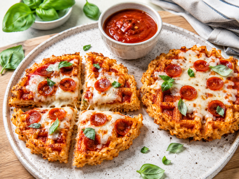 A slice of crispy rice waffle pizza lifted with melted mozzarella cheese stretching from the remaining pizza.
